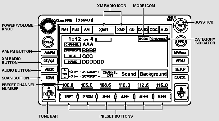 Playing the XM Radio (EX-L model with navigation system)